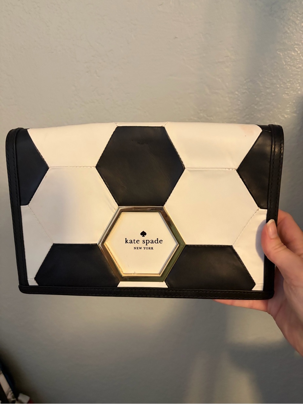 kate spade SOCCER ⚽️ Black and White Hexagon Patch Clutch with Gold Accent